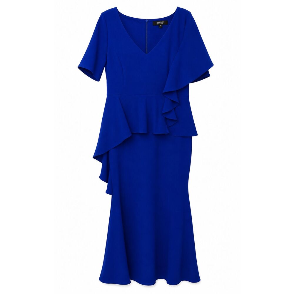 Badgley Mischka Dress Women's 16 Blue Peplum Maxi Gown Ruffle Short Sleeve